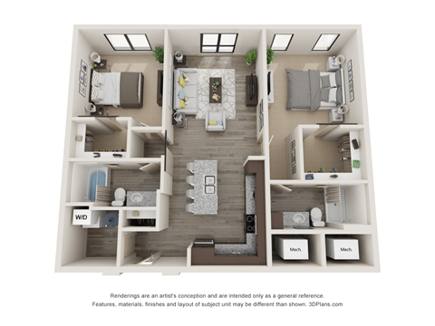 Floor plan for 2 beds, 2 baths, 1137 sqft